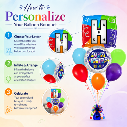 Customizable Alphabet "H" Square Shaped Balloon with Customized Name Stickers Bouquet Set of 7PC | Customizable Name Inital Balloons| Choose Your Name