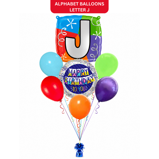 Customizable Alphabet "J" Square Shaped Balloon with Customized Name Stickers Bouquet Set of 7PC | Customizable Name Inital Balloons| Choose Your Name