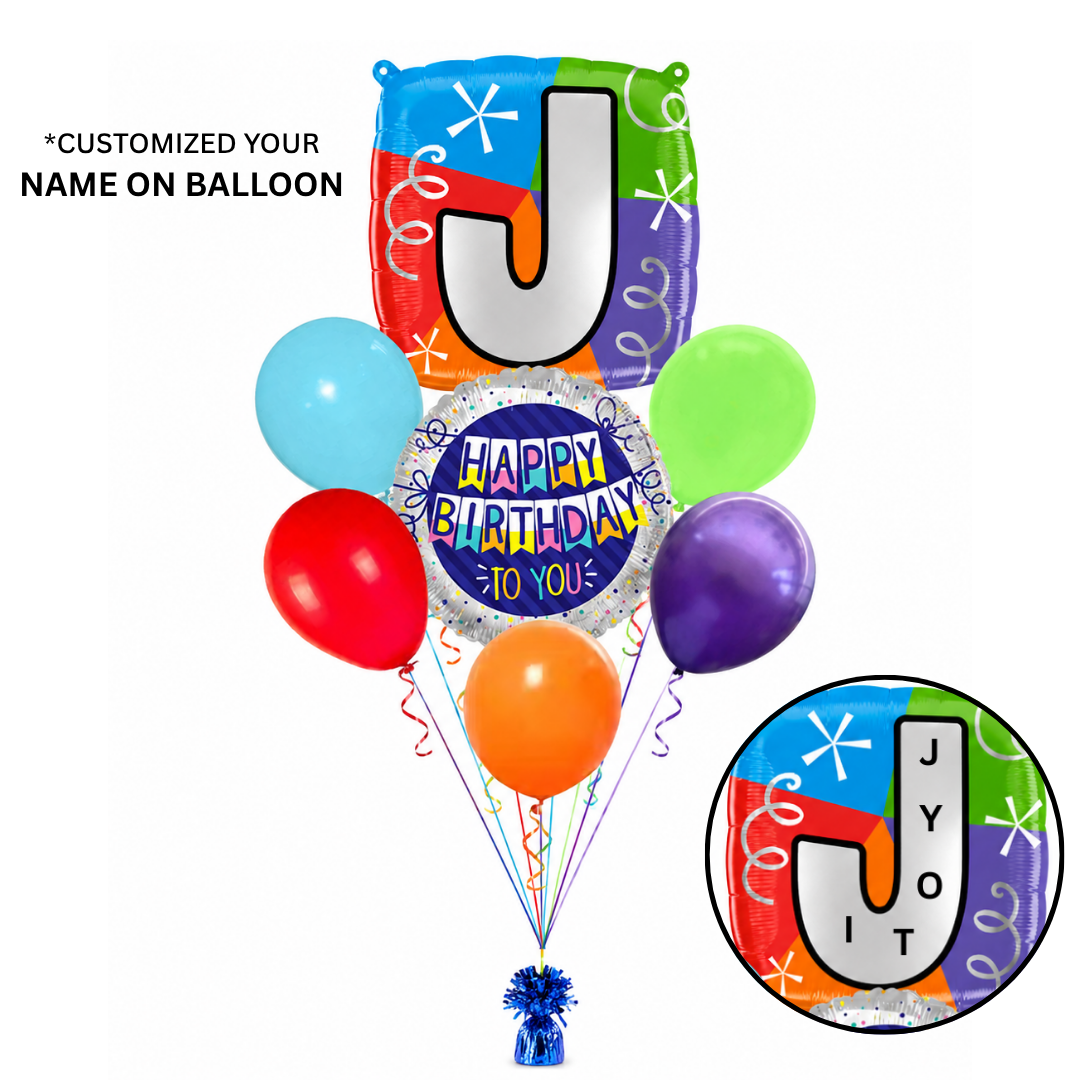 Customizable Alphabet "J" Square Shaped Balloon with Customized Name Stickers Bouquet Set of 7PC | Customizable Name Inital Balloons| Choose Your Name