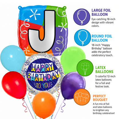 Customizable Alphabet "J" Square Shaped Balloon with Customized Name Stickers Bouquet Set of 7PC | Customizable Name Inital Balloons| Choose Your Name