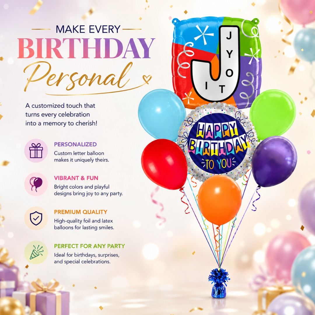 Customizable Alphabet "J" Square Shaped Balloon with Customized Name Stickers Bouquet Set of 7PC | Customizable Name Inital Balloons| Choose Your Name