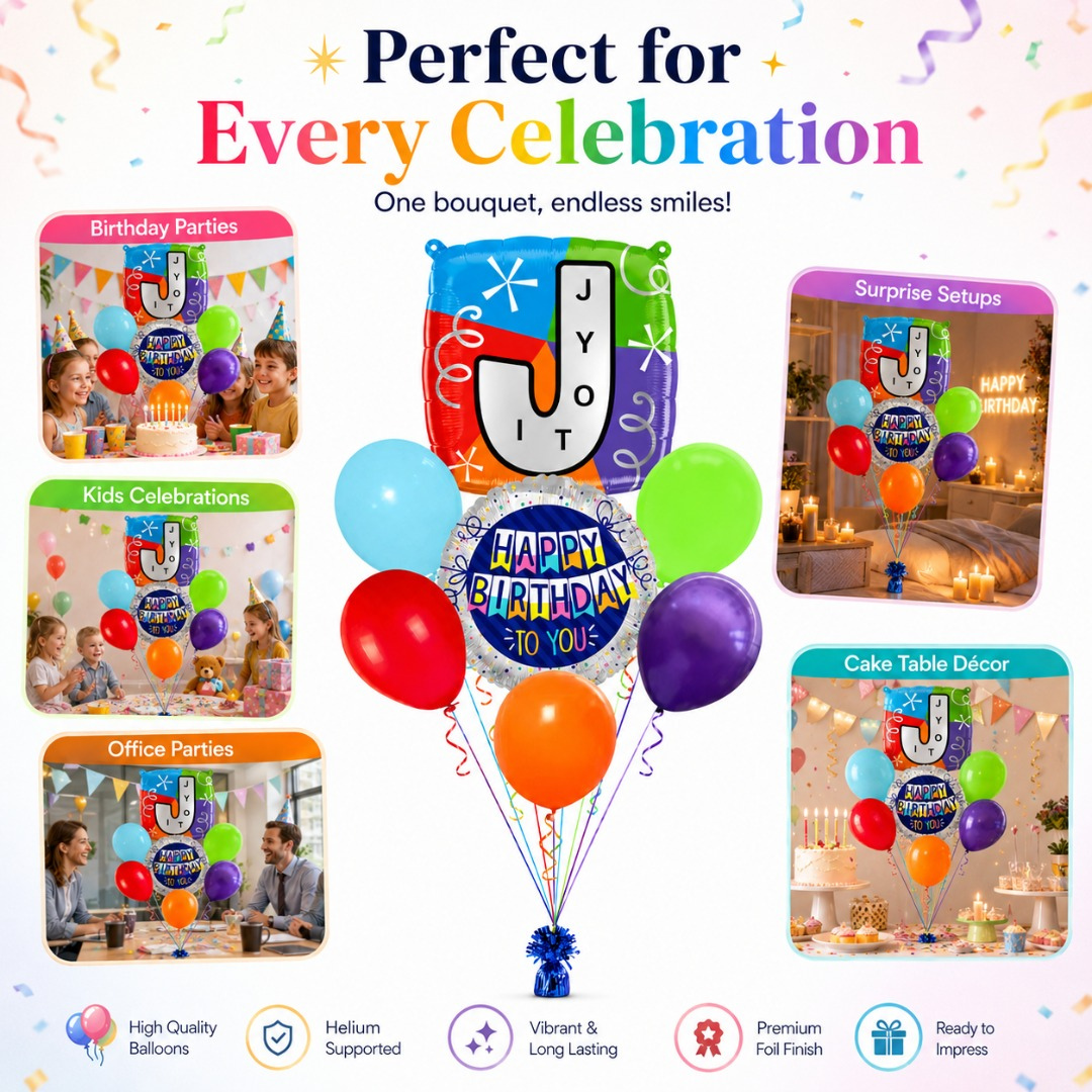 Customizable Alphabet "J" Square Shaped Balloon with Customized Name Stickers Bouquet Set of 7PC | Customizable Name Inital Balloons| Choose Your Name