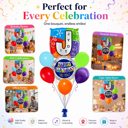 Customizable Alphabet "J" Square Shaped Balloon with Customized Name Stickers Bouquet Set of 7PC | Customizable Name Inital Balloons| Choose Your Name