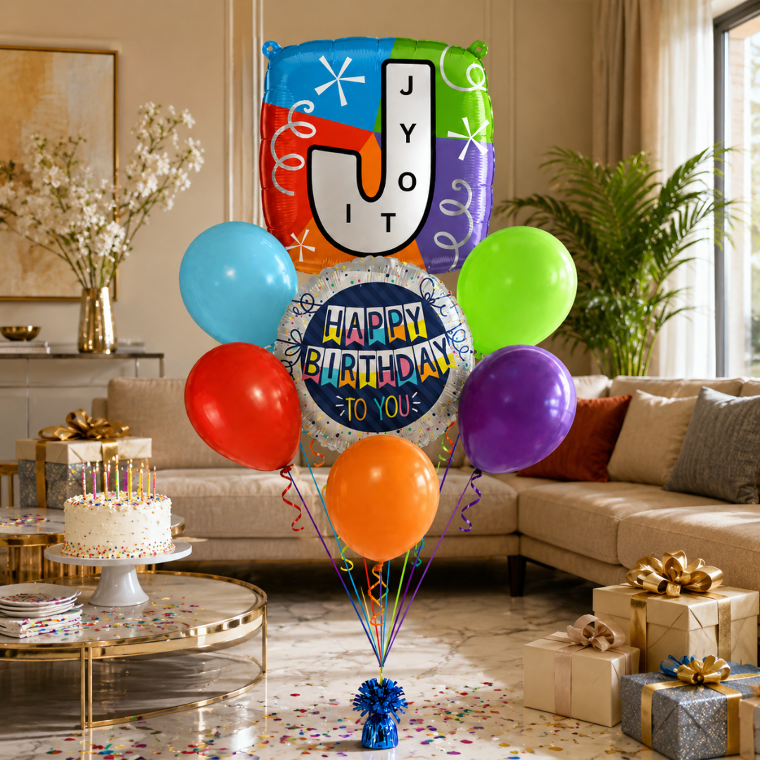 Customizable Alphabet "J" Square Shaped Balloon with Customized Name Stickers Bouquet Set of 7PC | Customizable Name Inital Balloons| Choose Your Name