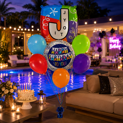 Customizable Alphabet "J" Square Shaped Balloon with Customized Name Stickers Bouquet Set of 7PC | Customizable Name Inital Balloons| Choose Your Name