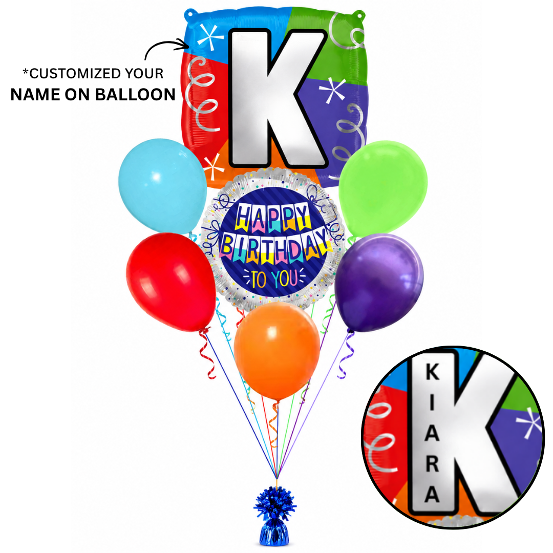 Customizable Alphabet "K" Square Shaped Balloon with Customized Name Stickers Bouquet Set of 7PC | Customizable Name Inital Balloons| Choose Your Name