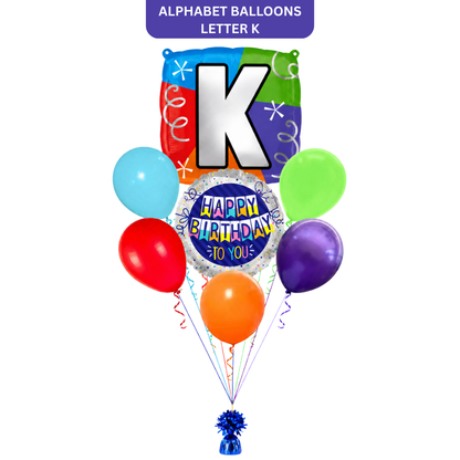 Customizable Alphabet "K" Square Shaped Balloon with Customized Name Stickers Bouquet Set of 7PC | Customizable Name Inital Balloons| Choose Your Name
