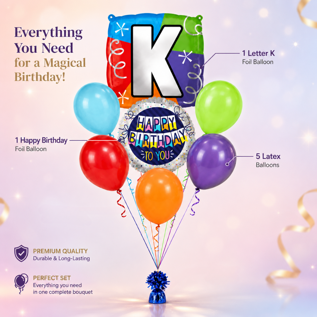 Customizable Alphabet "K" Square Shaped Balloon with Customized Name Stickers Bouquet Set of 7PC | Customizable Name Inital Balloons| Choose Your Name