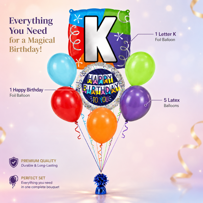 Customizable Alphabet "K" Square Shaped Balloon with Customized Name Stickers Bouquet Set of 7PC | Customizable Name Inital Balloons| Choose Your Name