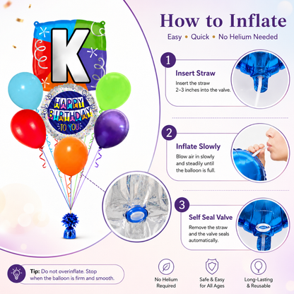 Customizable Alphabet "K" Square Shaped Balloon with Customized Name Stickers Bouquet Set of 7PC | Customizable Name Inital Balloons| Choose Your Name