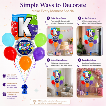 Customizable Alphabet "K" Square Shaped Balloon with Customized Name Stickers Bouquet Set of 7PC | Customizable Name Inital Balloons| Choose Your Name