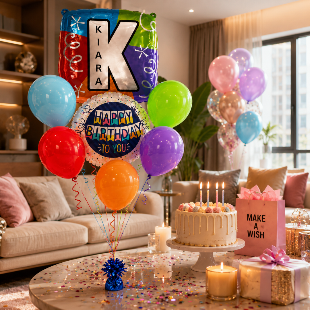 Customizable Alphabet "K" Square Shaped Balloon with Customized Name Stickers Bouquet Set of 7PC | Customizable Name Inital Balloons| Choose Your Name