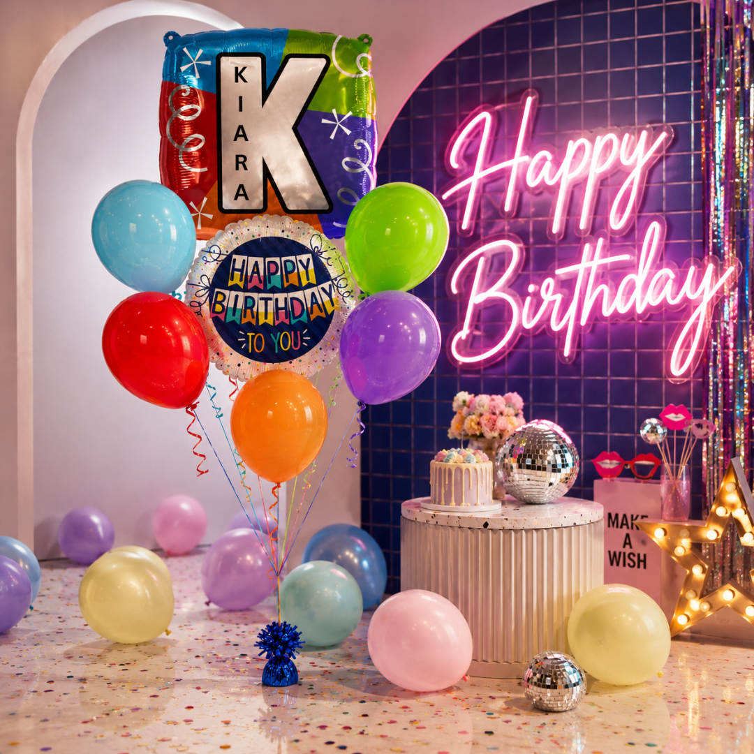 Customizable Alphabet "K" Square Shaped Balloon with Customized Name Stickers Bouquet Set of 7PC | Customizable Name Inital Balloons| Choose Your Name