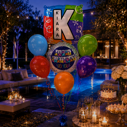 Customizable Alphabet "K" Square Shaped Balloon with Customized Name Stickers Bouquet Set of 7PC | Customizable Name Inital Balloons| Choose Your Name