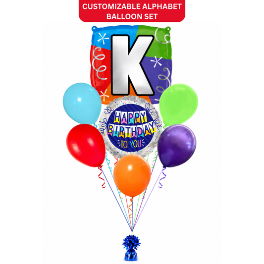 Customizable Alphabet "K" Square Shaped Balloon with Customized Name Stickers Bouquet Set of 7PC | Customizable Name Inital Balloons| Choose Your Name