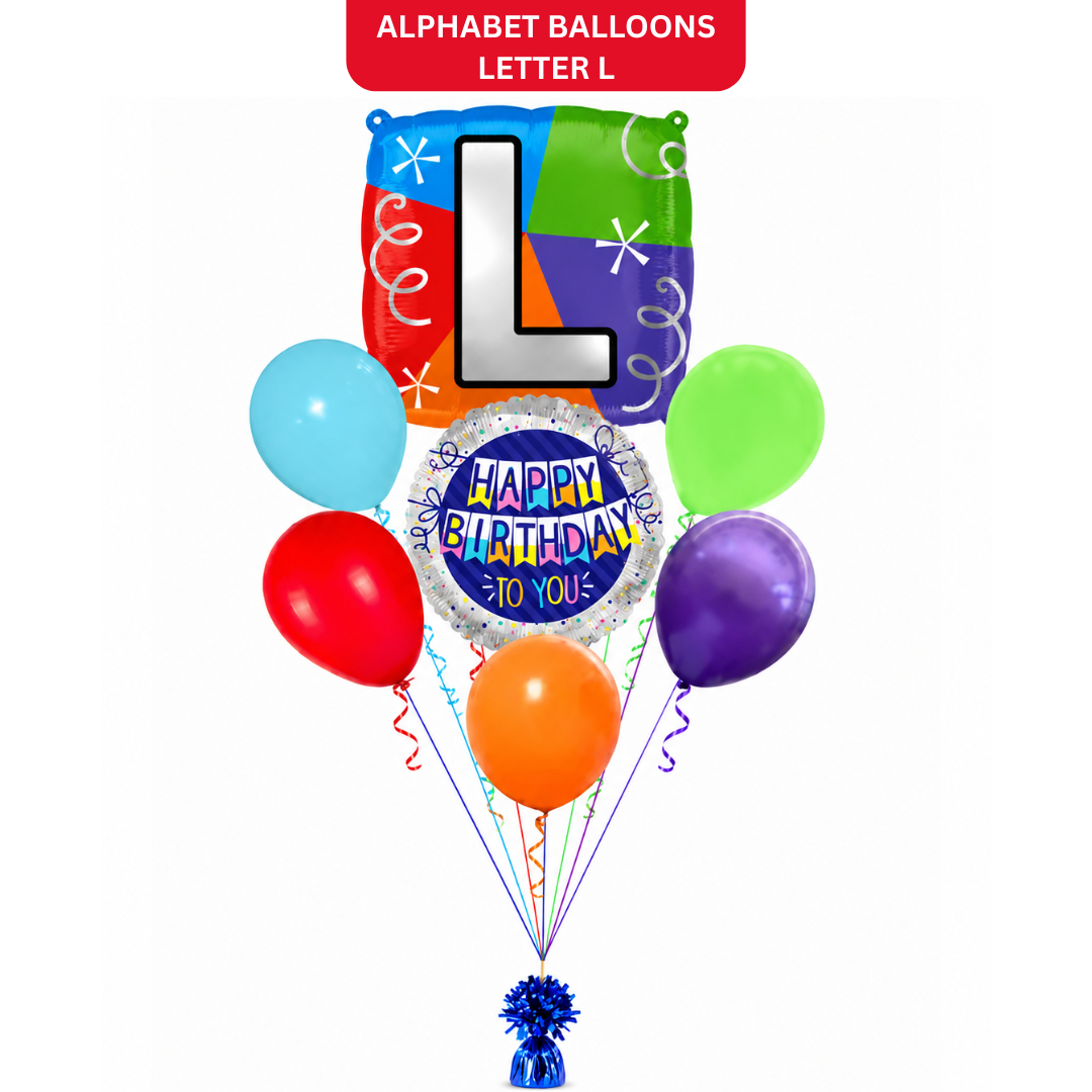 Customizable Alphabet "L" Square Shaped Balloon with Customized Name Stickers Bouquet Set of 7PC | Customizable Name Inital Balloons| Choose Your Name