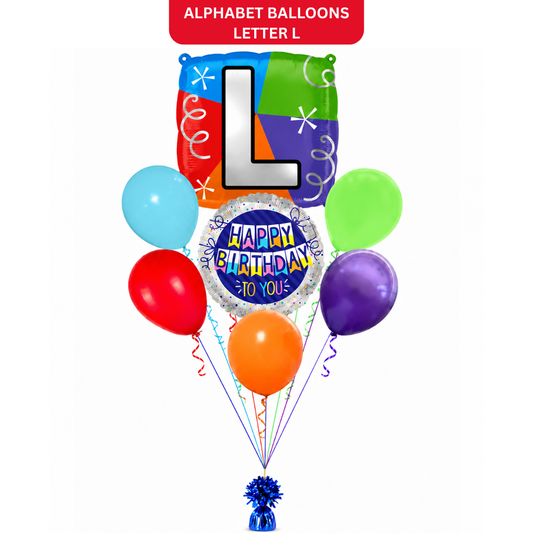 Customizable Alphabet "L" Square Shaped Balloon with Customized Name Stickers Bouquet Set of 7PC | Customizable Name Inital Balloons| Choose Your Name