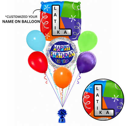 Customizable Alphabet "L" Square Shaped Balloon with Customized Name Stickers Bouquet Set of 7PC | Customizable Name Inital Balloons| Choose Your Name