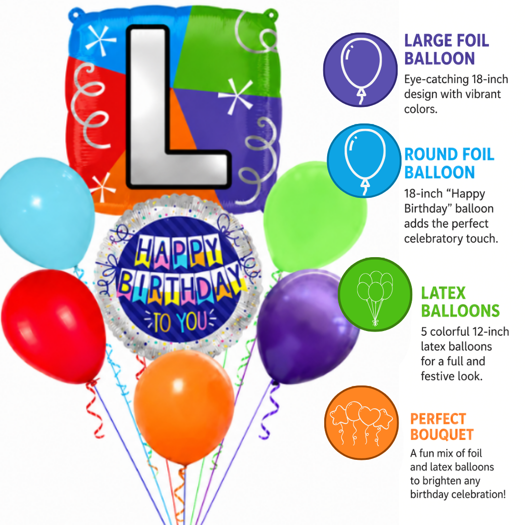 Customizable Alphabet "L" Square Shaped Balloon with Customized Name Stickers Bouquet Set of 7PC | Customizable Name Inital Balloons| Choose Your Name