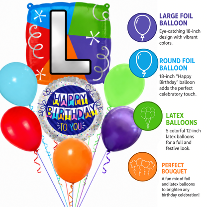 Customizable Alphabet "L" Square Shaped Balloon with Customized Name Stickers Bouquet Set of 7PC | Customizable Name Inital Balloons| Choose Your Name