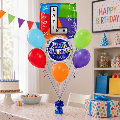 Customizable Alphabet "L" Square Shaped Balloon with Customized Name Stickers Bouquet Set of 7PC | Customizable Name Inital Balloons| Choose Your Name
