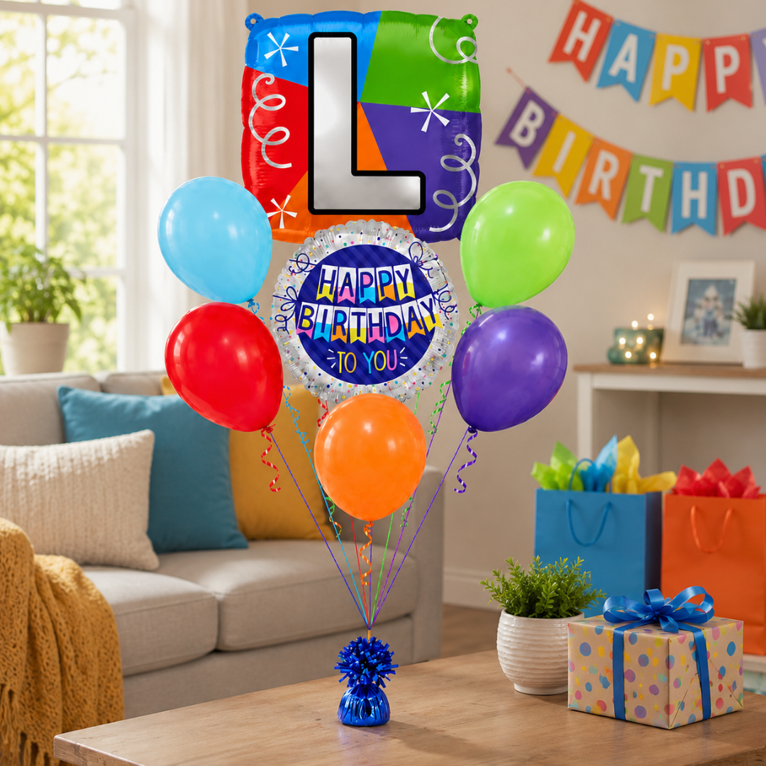 Customizable Alphabet "L" Square Shaped Balloon with Customized Name Stickers Bouquet Set of 7PC | Customizable Name Inital Balloons| Choose Your Name