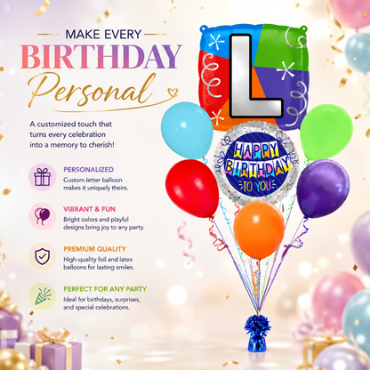 Customizable Alphabet "L" Square Shaped Balloon with Customized Name Stickers Bouquet Set of 7PC | Customizable Name Inital Balloons| Choose Your Name