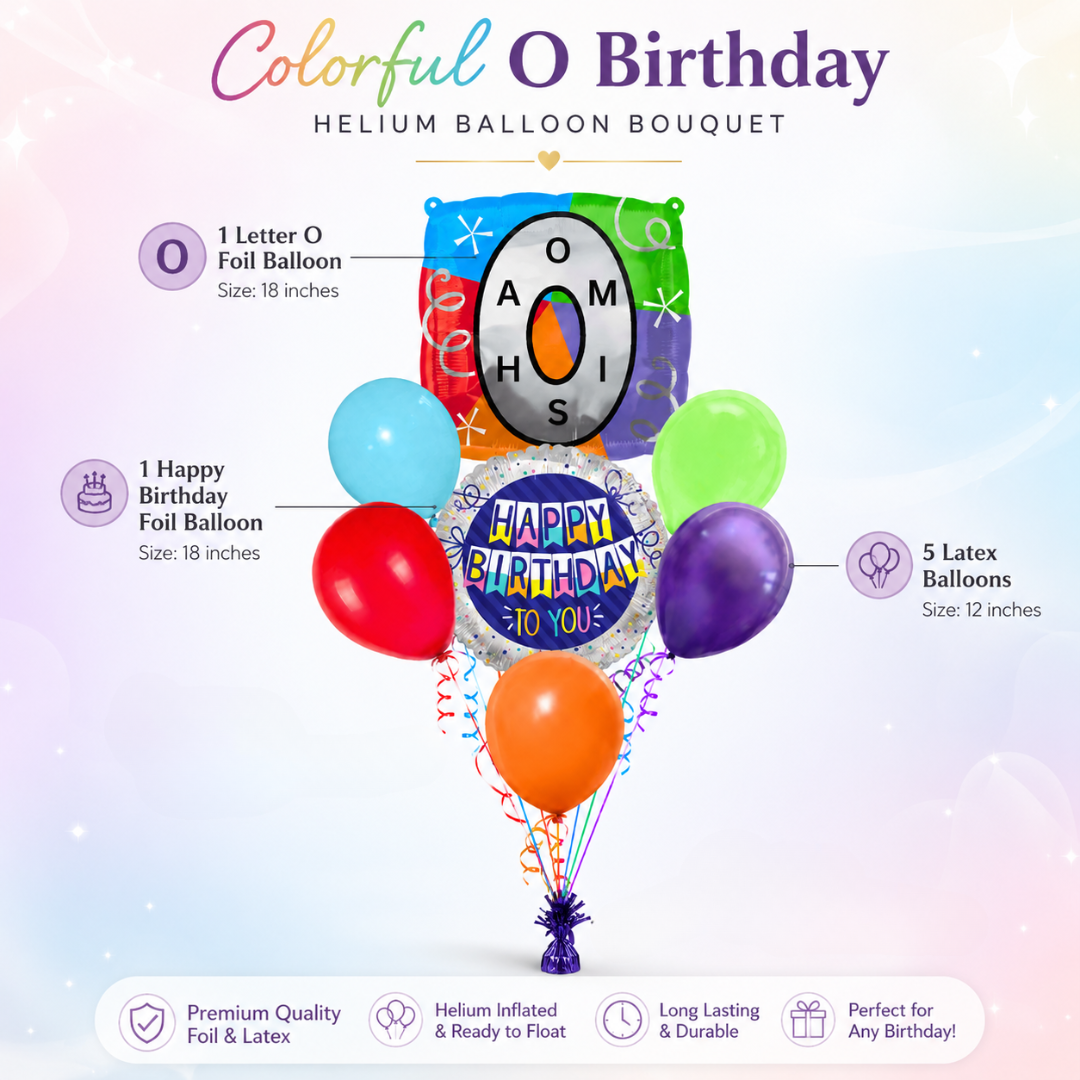 Customizable Alphabet "O" Square Shaped Balloon with Customized Name Stickers Bouquet Set of 7PC | Customizable Name Inital Balloons| Choose Your Name