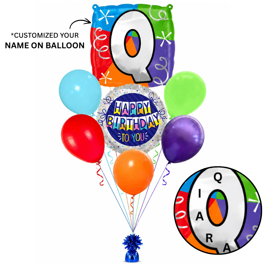 Customizable Alphabet "Q" Square Shaped Balloon with Customized Name Stickers Bouquet Set of 7PC | Customizable Name Inital Balloons| Choose Your Name