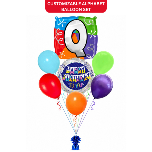 Customizable Alphabet "Q" Square Shaped Balloon with Customized Name Stickers Bouquet Set of 7PC | Customizable Name Inital Balloons| Choose Your Name