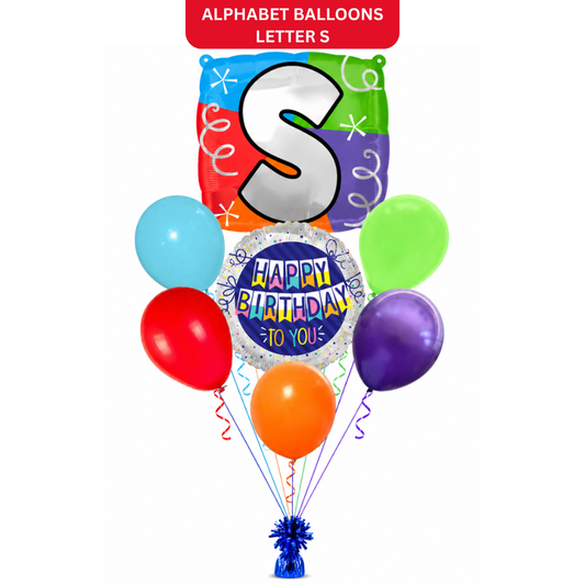 Customizable Alphabet "S" Square Shaped Balloon with Customized Name Stickers Bouquet Set of 7PC | Customizable Name Inital Balloons| Choose Your Name