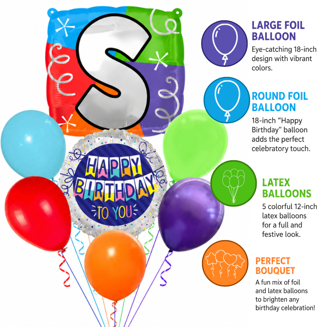 Customizable Alphabet "S" Square Shaped Balloon with Customized Name Stickers Bouquet Set of 7PC | Customizable Name Inital Balloons| Choose Your Name