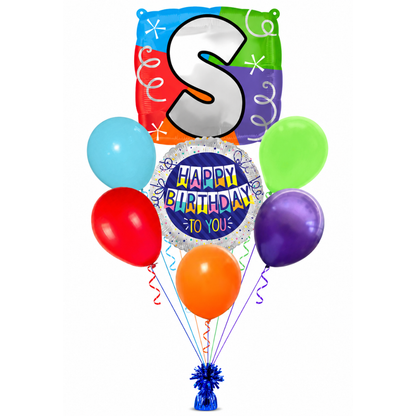 Customizable Alphabet "S" Square Shaped Balloon with Customized Name Stickers Bouquet Set of 7PC | Customizable Name Inital Balloons| Choose Your Name