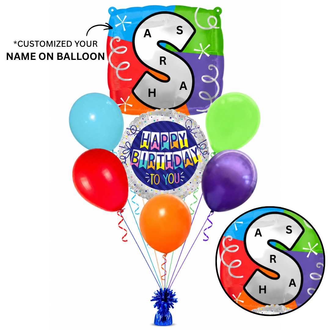 Customizable Alphabet "S" Square Shaped Balloon with Customized Name Stickers Bouquet Set of 7PC | Customizable Name Inital Balloons| Choose Your Name