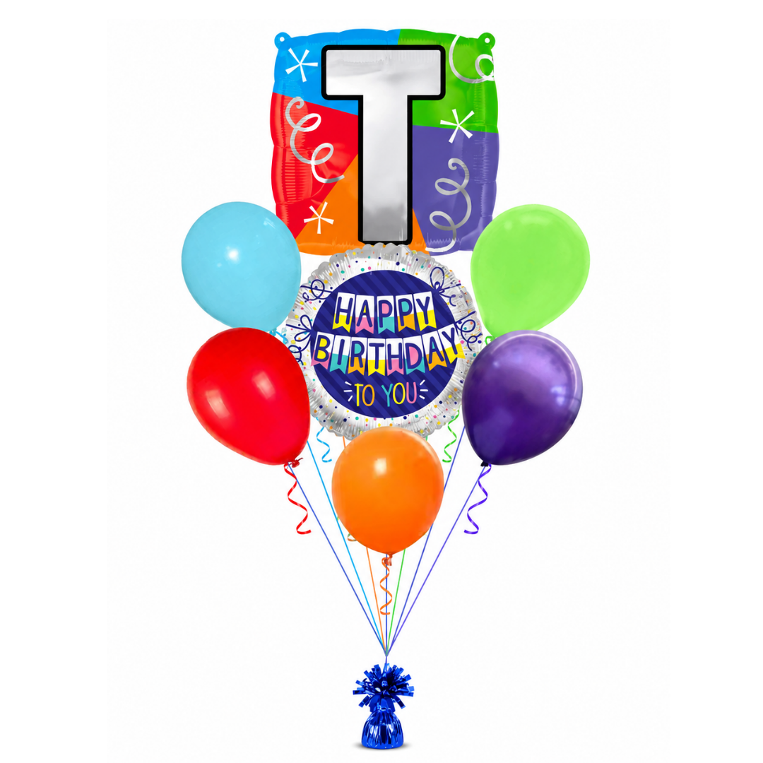 Customizable Alphabet "T" Square Shaped Balloon with Customized Name Stickers Bouquet Set of 7PC | Customizable Name Inital Balloons| Choose Your Name