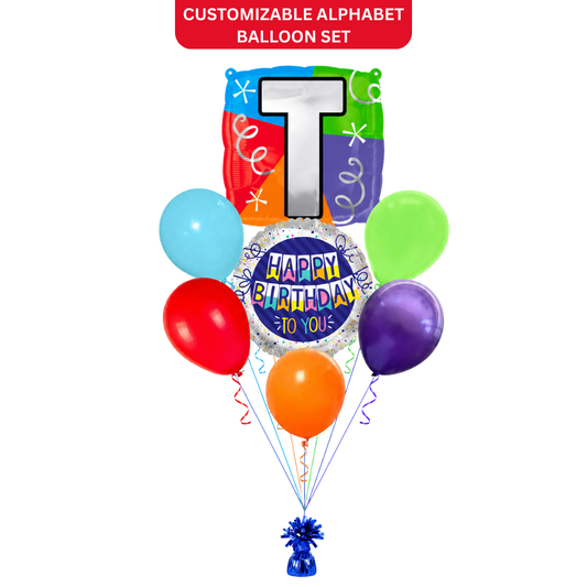 Customizable Alphabet "T" Square Shaped Balloon with Customized Name Stickers Bouquet Set of 7PC | Customizable Name Inital Balloons| Choose Your Name