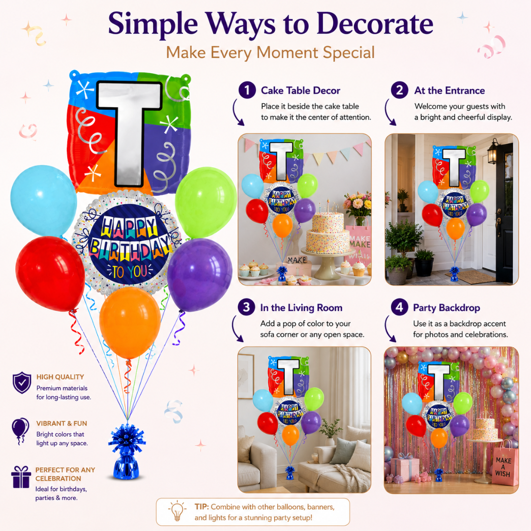 Customizable Alphabet "T" Square Shaped Balloon with Customized Name Stickers Bouquet Set of 7PC | Customizable Name Inital Balloons| Choose Your Name