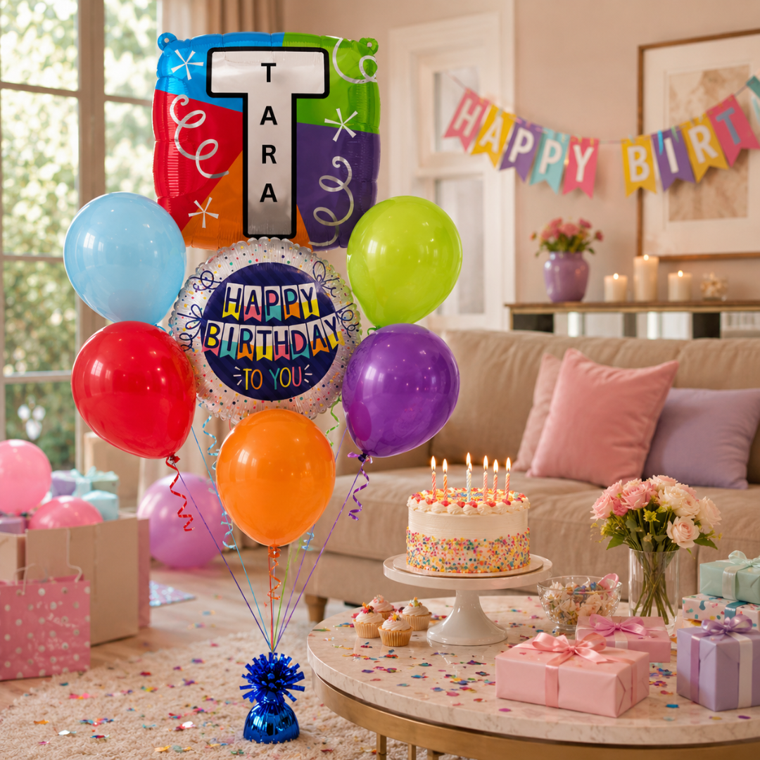 Customizable Alphabet "T" Square Shaped Balloon with Customized Name Stickers Bouquet Set of 7PC | Customizable Name Inital Balloons| Choose Your Name