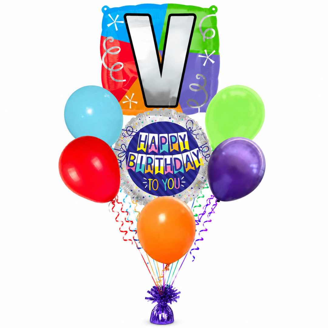 Customizable Alphabet "V" Square Shaped Balloon with Customized Name Stickers Bouquet Set of 7PC | Customizable Name Inital Balloons| Choose Your Name