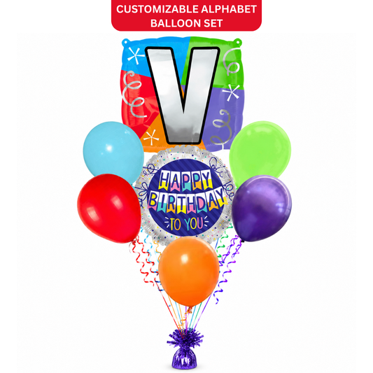 Customizable Alphabet "V" Square Shaped Balloon with Customized Name Stickers Bouquet Set of 7PC | Customizable Name Inital Balloons| Choose Your Name