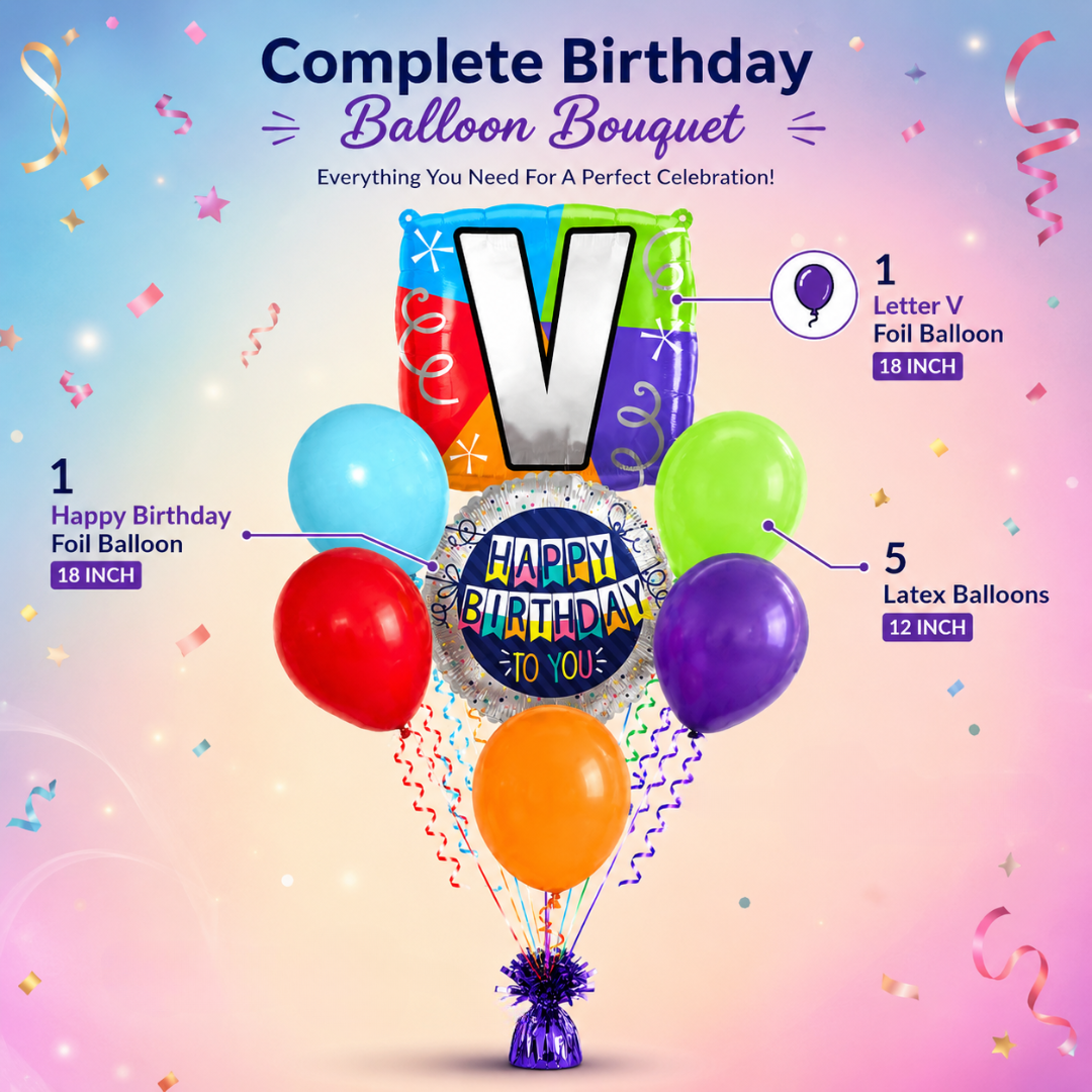Customizable Alphabet "V" Square Shaped Balloon with Customized Name Stickers Bouquet Set of 7PC | Customizable Name Inital Balloons| Choose Your Name