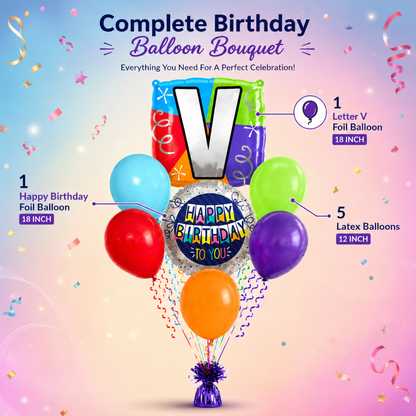Customizable Alphabet "V" Square Shaped Balloon with Customized Name Stickers Bouquet Set of 7PC | Customizable Name Inital Balloons| Choose Your Name