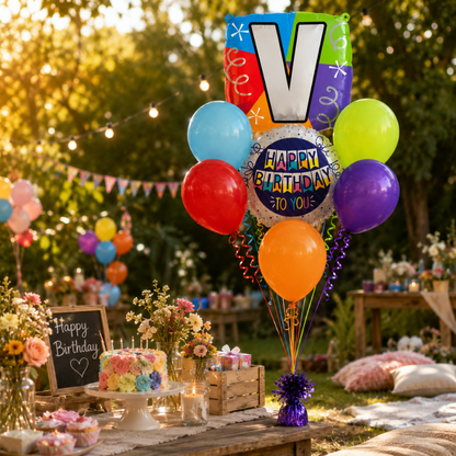 Customizable Alphabet "V" Square Shaped Balloon with Customized Name Stickers Bouquet Set of 7PC | Customizable Name Inital Balloons| Choose Your Name