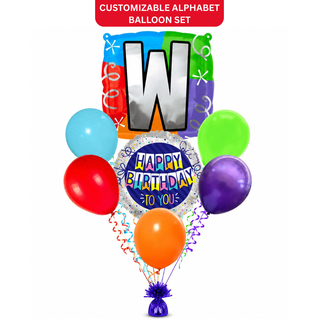 Customizable Alphabet "W" Square Shaped Balloon with Customized Name Stickers Bouquet Set of 7PC | Customizable Name Inital Balloons| Choose Your Name