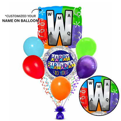 Customizable Alphabet "W" Square Shaped Balloon with Customized Name Stickers Bouquet Set of 7PC | Customizable Name Inital Balloons| Choose Your Name
