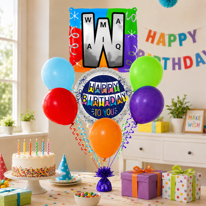 Customizable Alphabet "W" Square Shaped Balloon with Customized Name Stickers Bouquet Set of 7PC | Customizable Name Inital Balloons| Choose Your Name