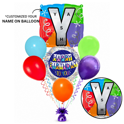 Customizable Alphabet "Y" Square Shaped Balloon with Customized Name Stickers Bouquet Set of 7PC | Customizable Name Initial Balloons | Choose Your Name | Helium Filled & Delivers Inflated