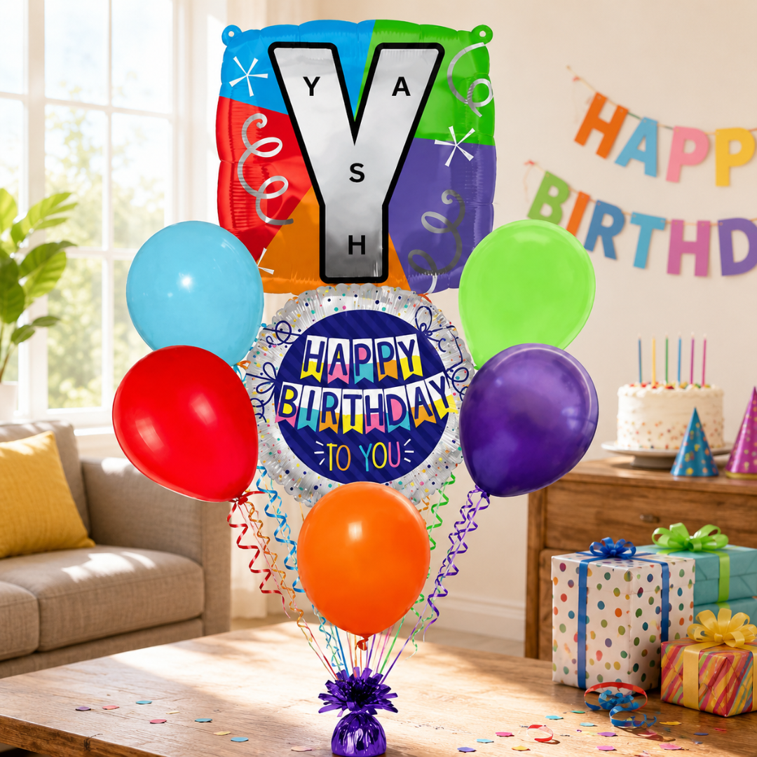 Customizable Alphabet "Y" Square Shaped Balloon with Customized Name Stickers Bouquet Set of 7PC | Customizable Name Initial Balloons | Choose Your Name | Helium Filled & Delivers Inflated