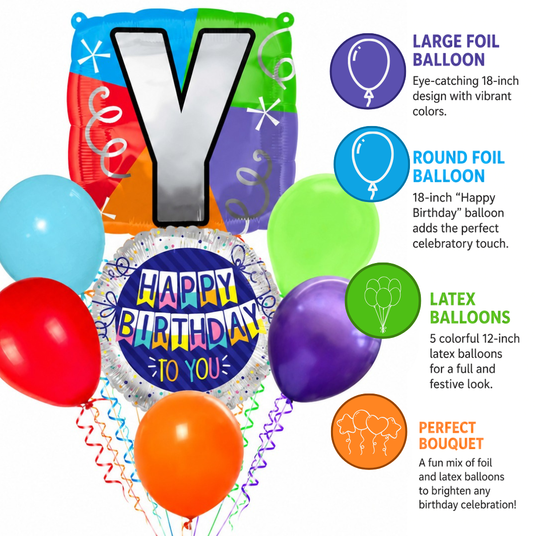Customizable Alphabet "Y" Square Shaped Balloon with Customized Name Stickers Bouquet Set of 7PC | Customizable Name Initial Balloons | Choose Your Name | Helium Filled & Delivers Inflated