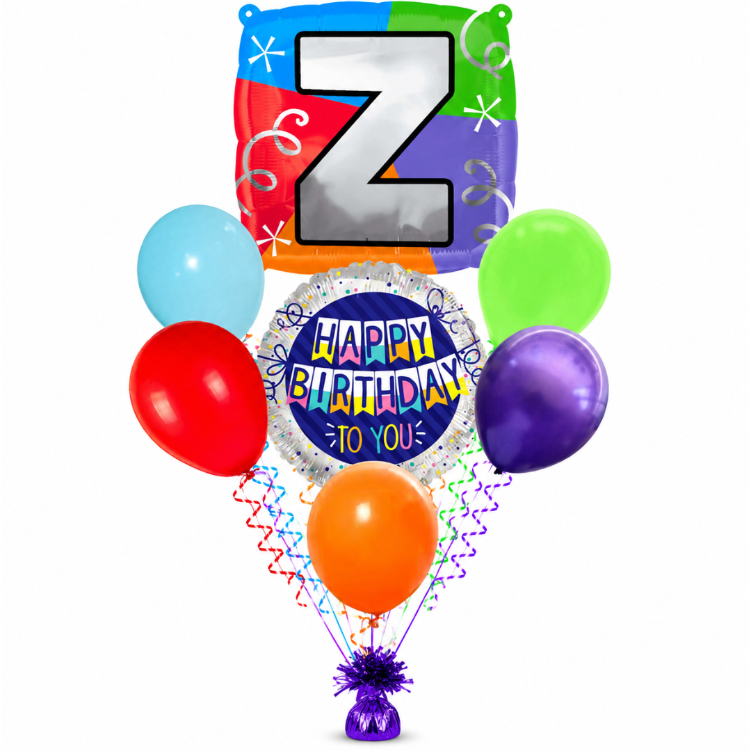 Customizable Alphabet "Z" Square Shaped Balloon with Customized Name Stickers Bouquet Set of 7PC | Customizable Name Inital Balloons| Choose Your Name